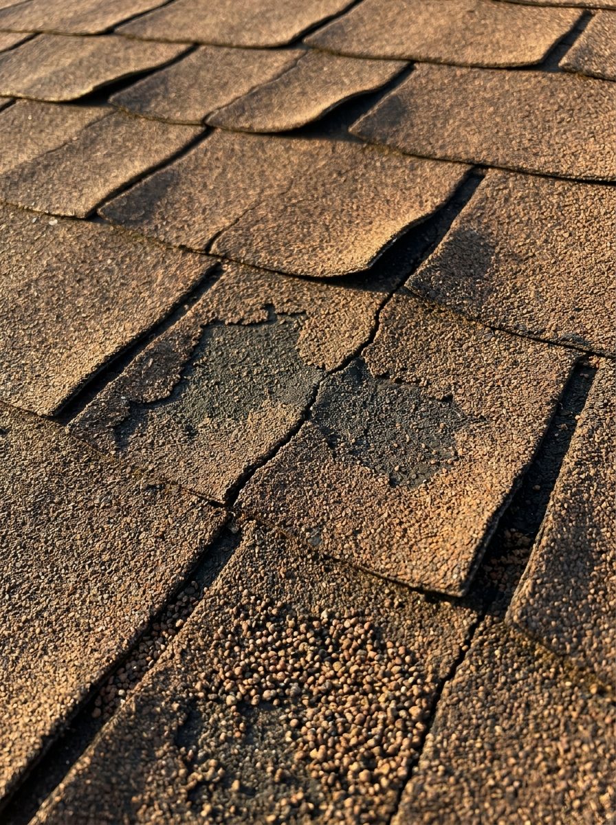Worn three-tab shingles with curled edges and granule loss