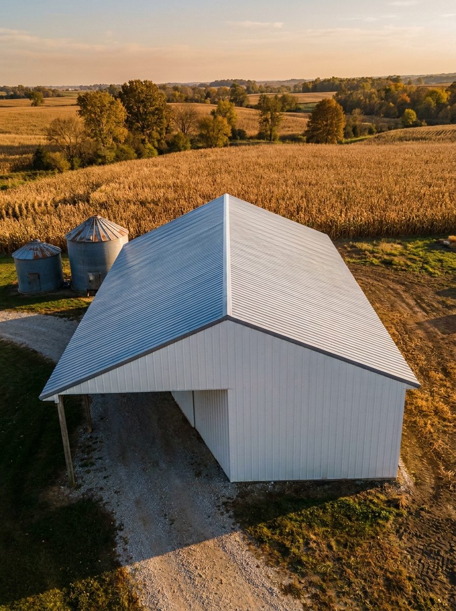 Long pole barn with a metal roof beside grain bins in Highland County farmland