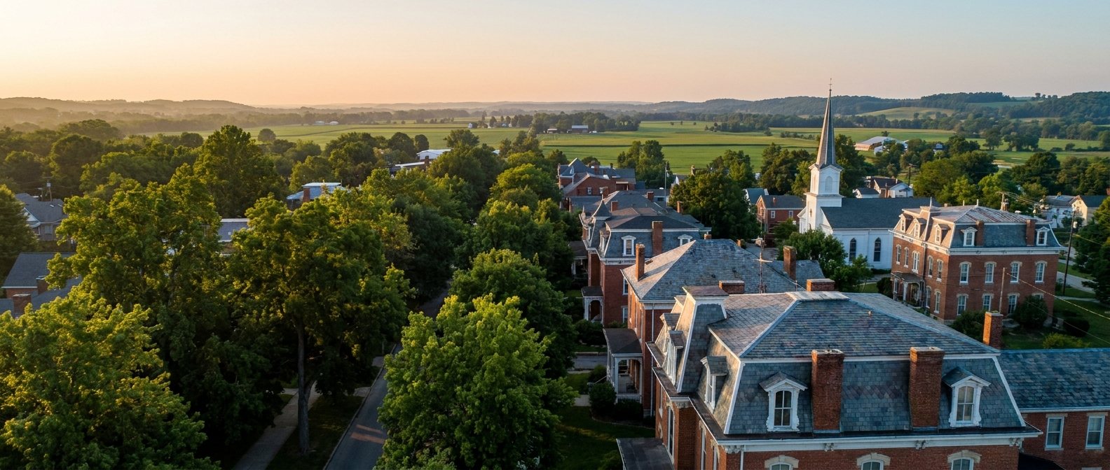Historic brick homes and church steeple in a small Southern Ohio town with rolling foothills beyond