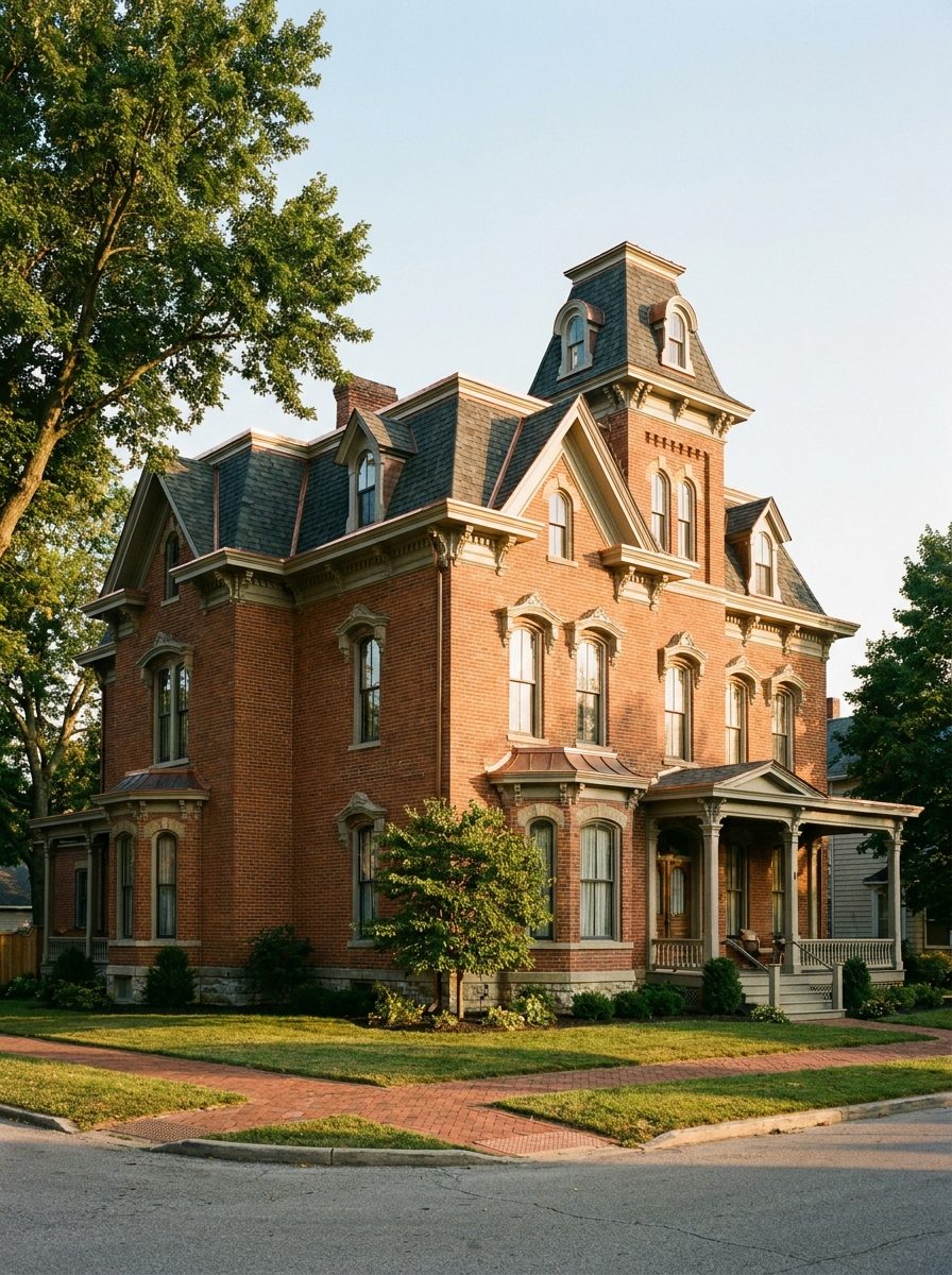 Restored 1800s brick house with a steep, cut-up roofline and dormers