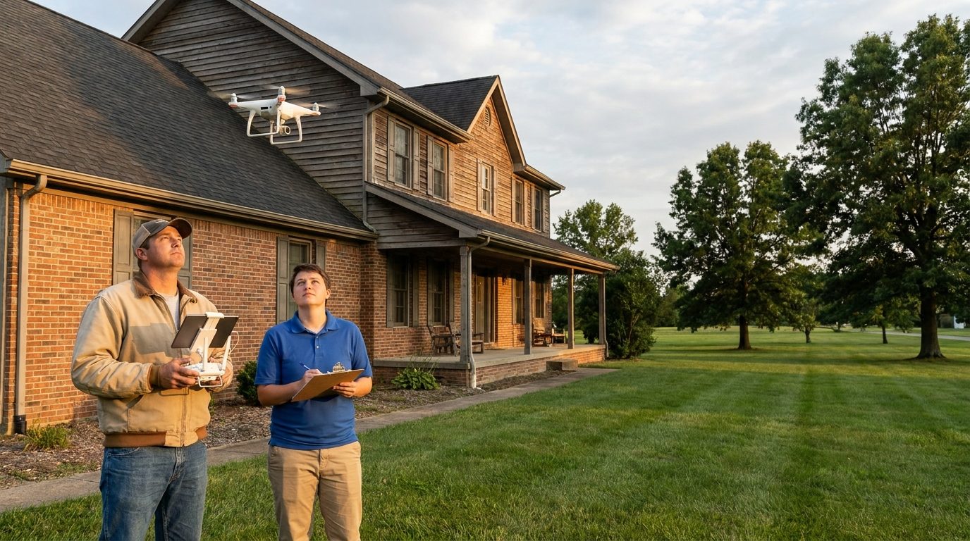 Roofing inspector flying a drone over a home's roof while a second person with a clipboard looks on