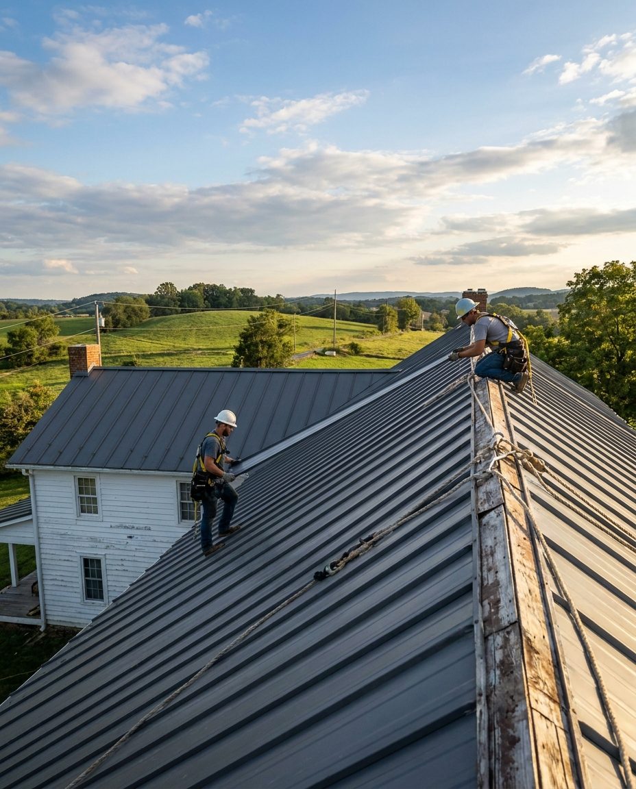 Roofers installing standing seam metal panels on a rural Ohio farmhouse