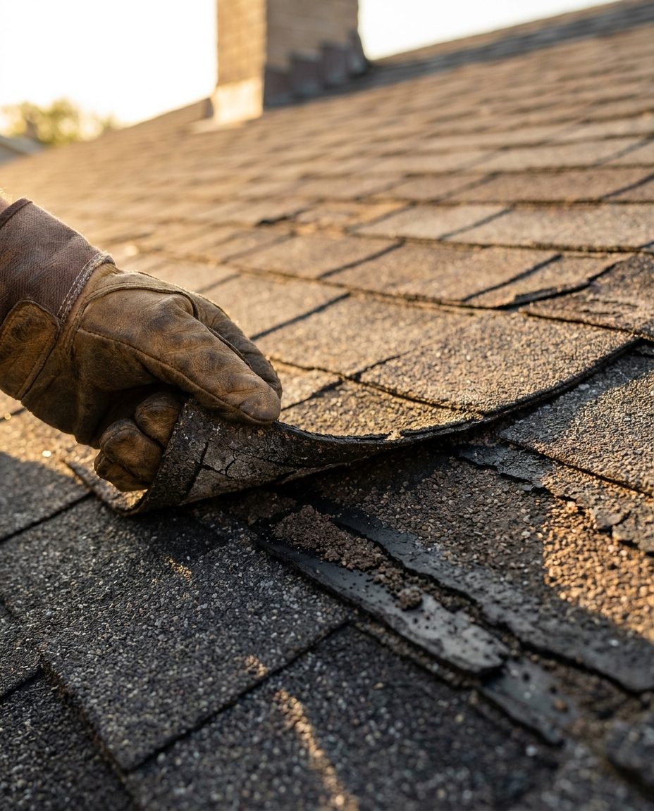 Roofer lifting a curling asphalt shingle with granule loss