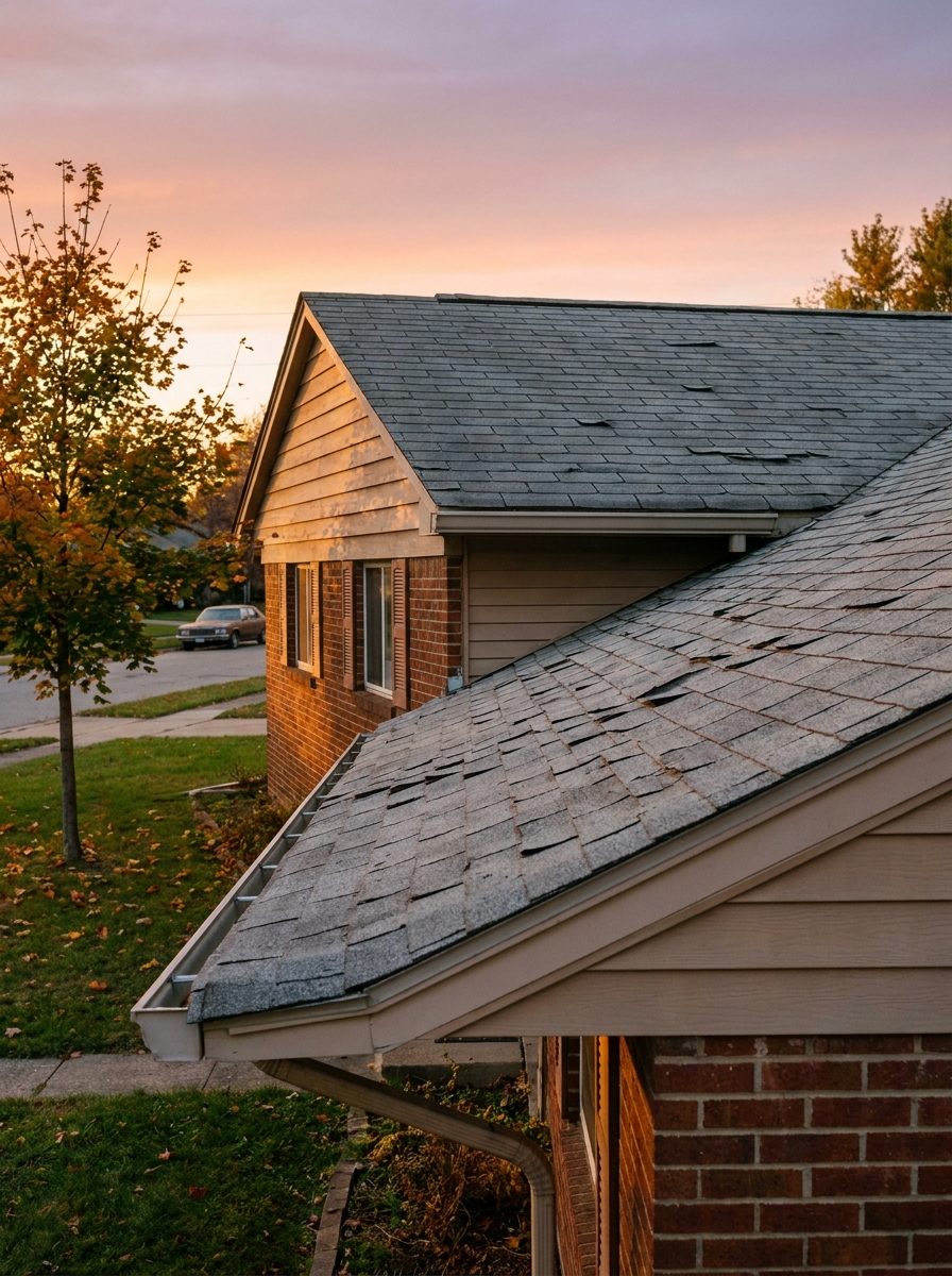 Postwar ranch house with a simple gable roof and builder-grade asphalt shingles