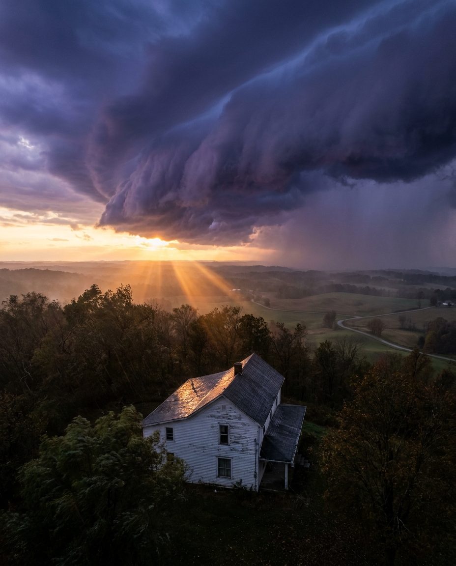 Storm clouds rolling over a farmhouse on a wooded ridge in the Southern Ohio foothills