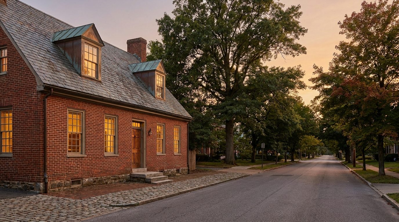 Historic brick house with a slate roof and copper dormers on a tree-lined street
