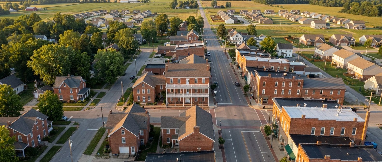 Historic brick downtown with a balconied inn and newer subdivisions spreading into farmland