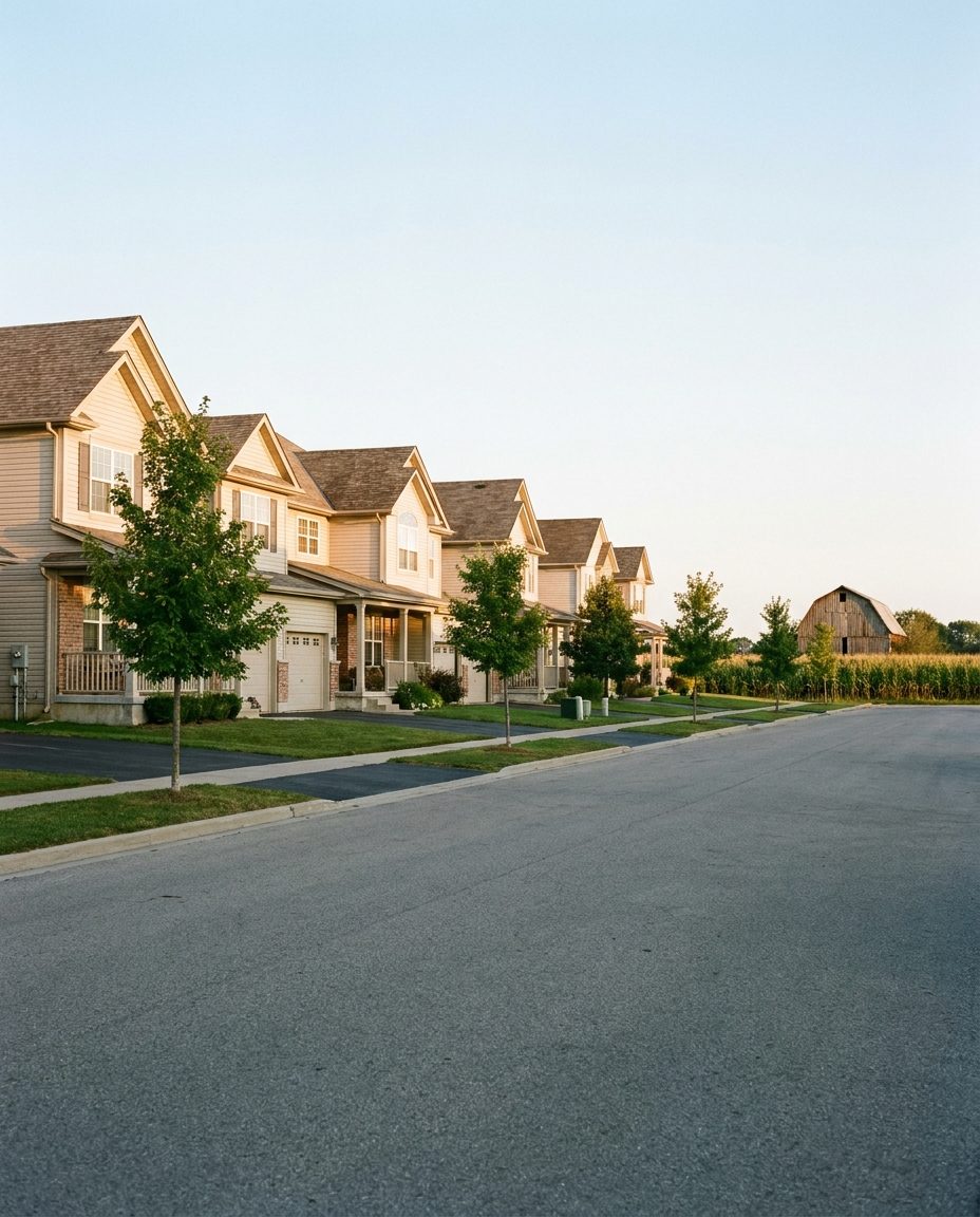 Row of 2000s subdivision homes with matching aging shingle roofs