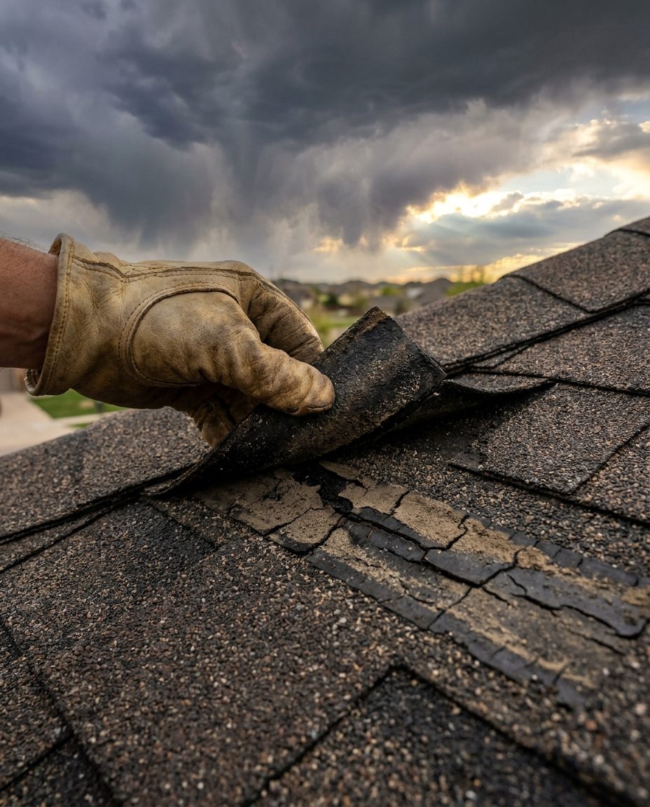 Gloved hand lifting a wind-creased shingle tab to show the broken seal strip