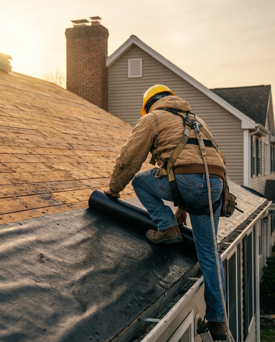 Roofer rolling out ice and water barrier along the eave of a colonial home