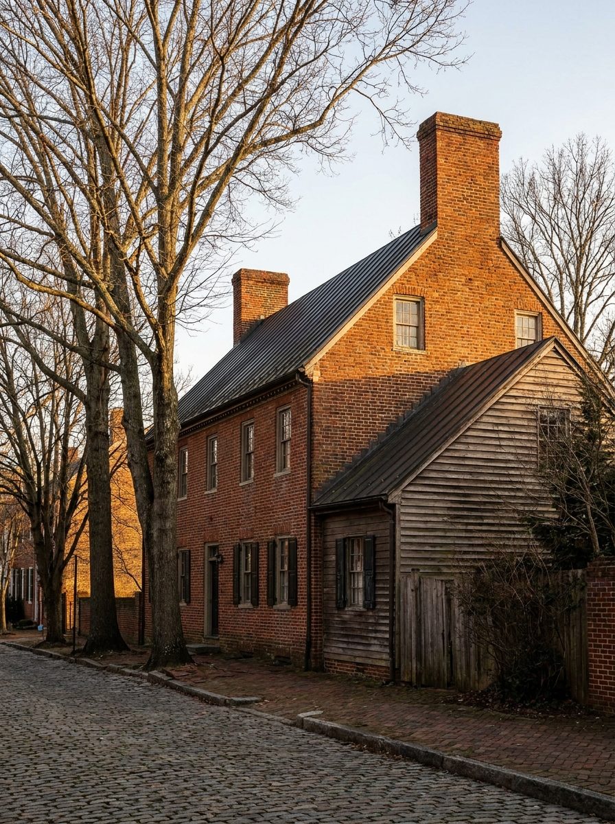 Federal-style brick house with a standing seam metal roof and twin chimneys