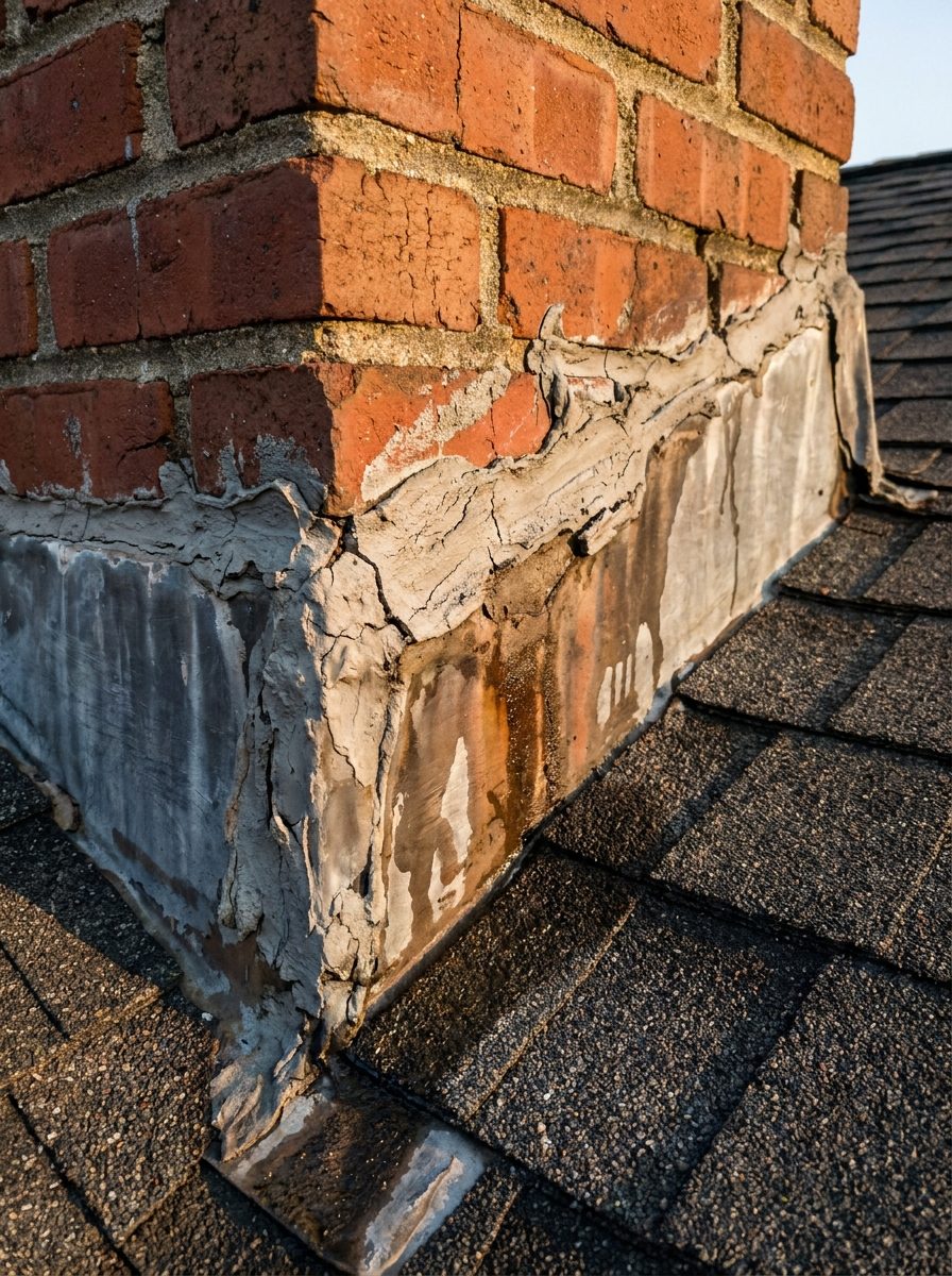 Cracked caulk smeared over chimney flashing on an old brick chimney
