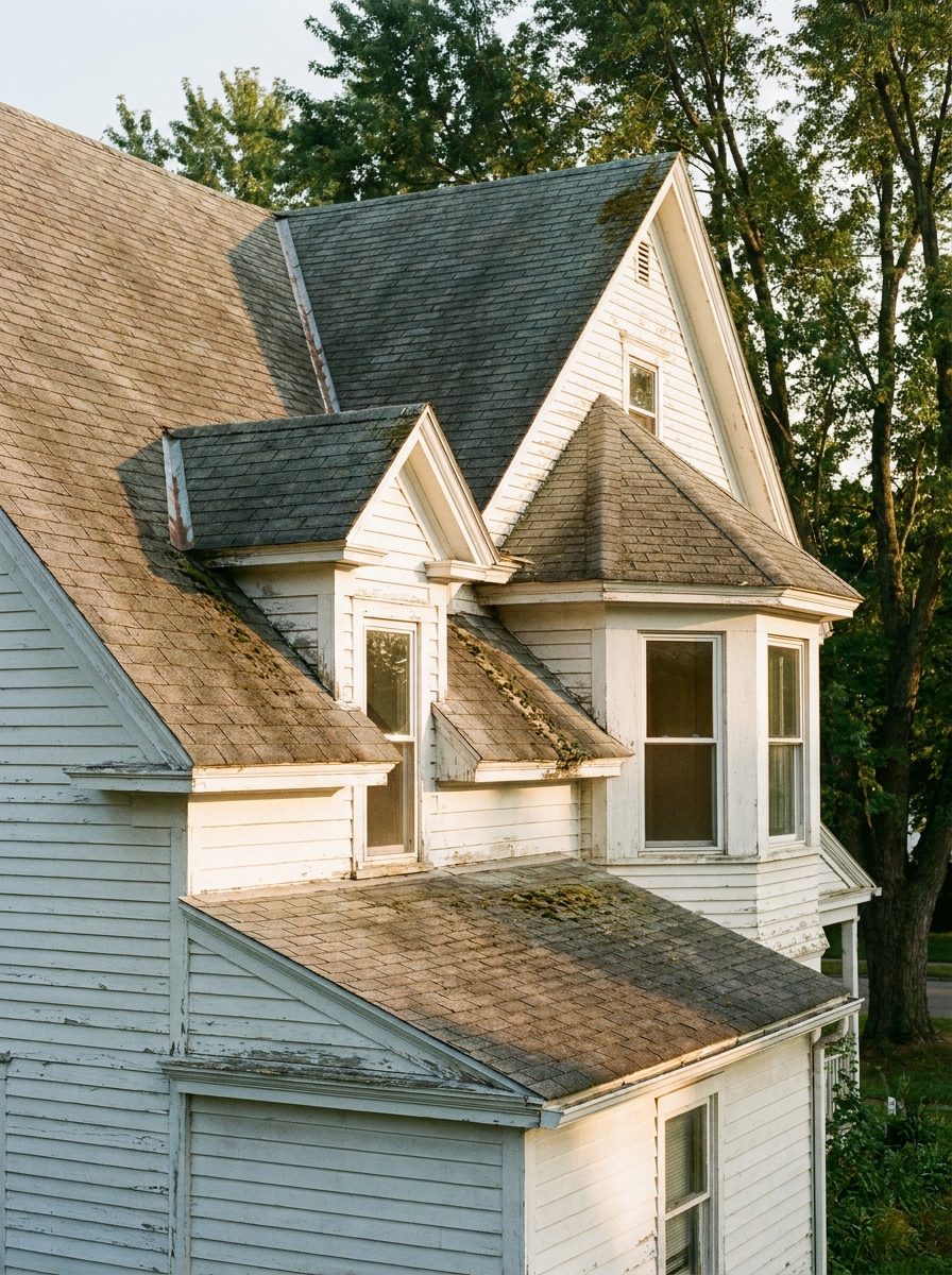 Old frame house with a dormer, bay projection and rear addition tying into the roof