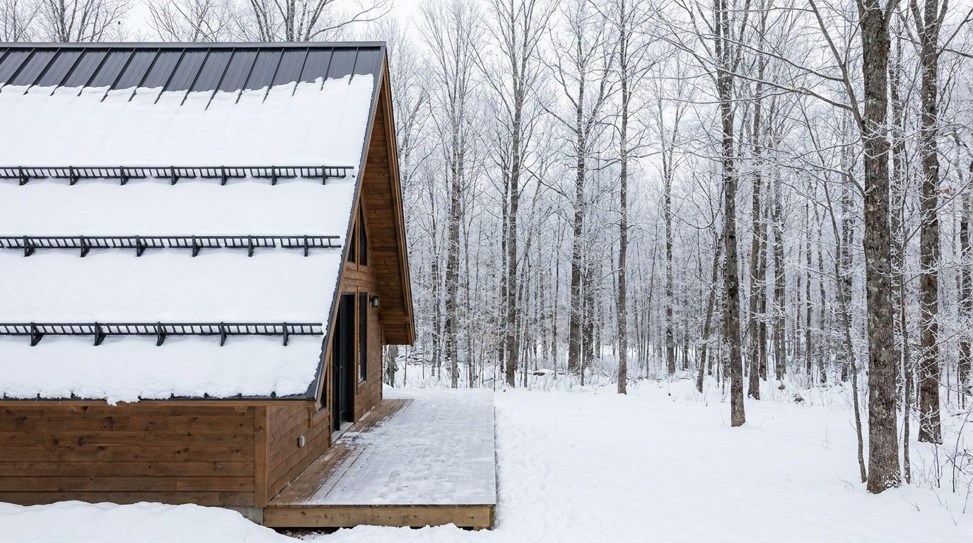 Snow held on a cabin's metal roof by rows of snow guards