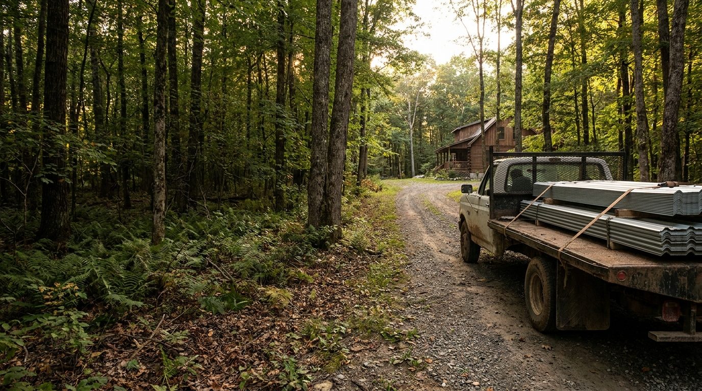 Flatbed truck carrying metal roofing panels up a gravel drive through the woods