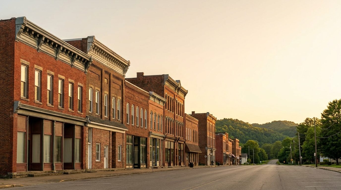 Brick commercial buildings on a small-town main street below wooded hills