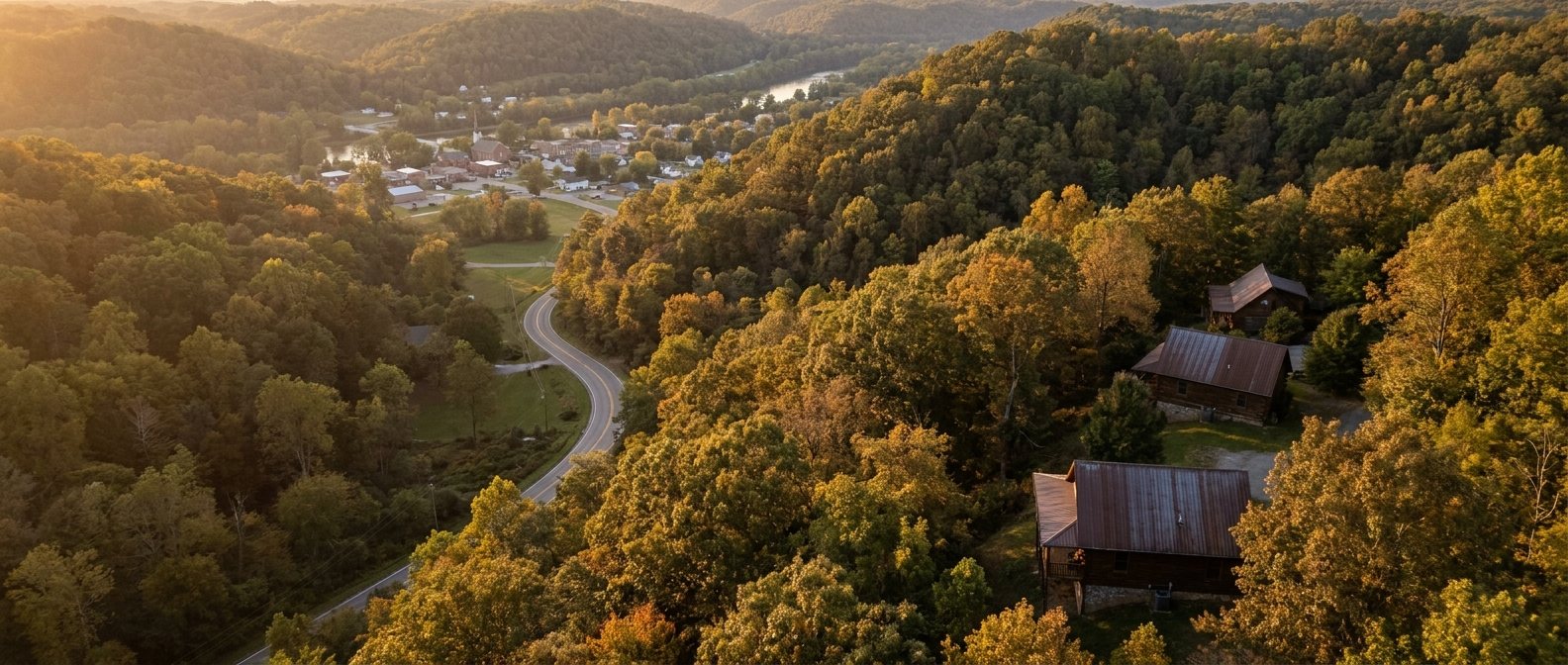Metal-roofed cabins in wooded Hocking Hills hollows above a small town in the valley