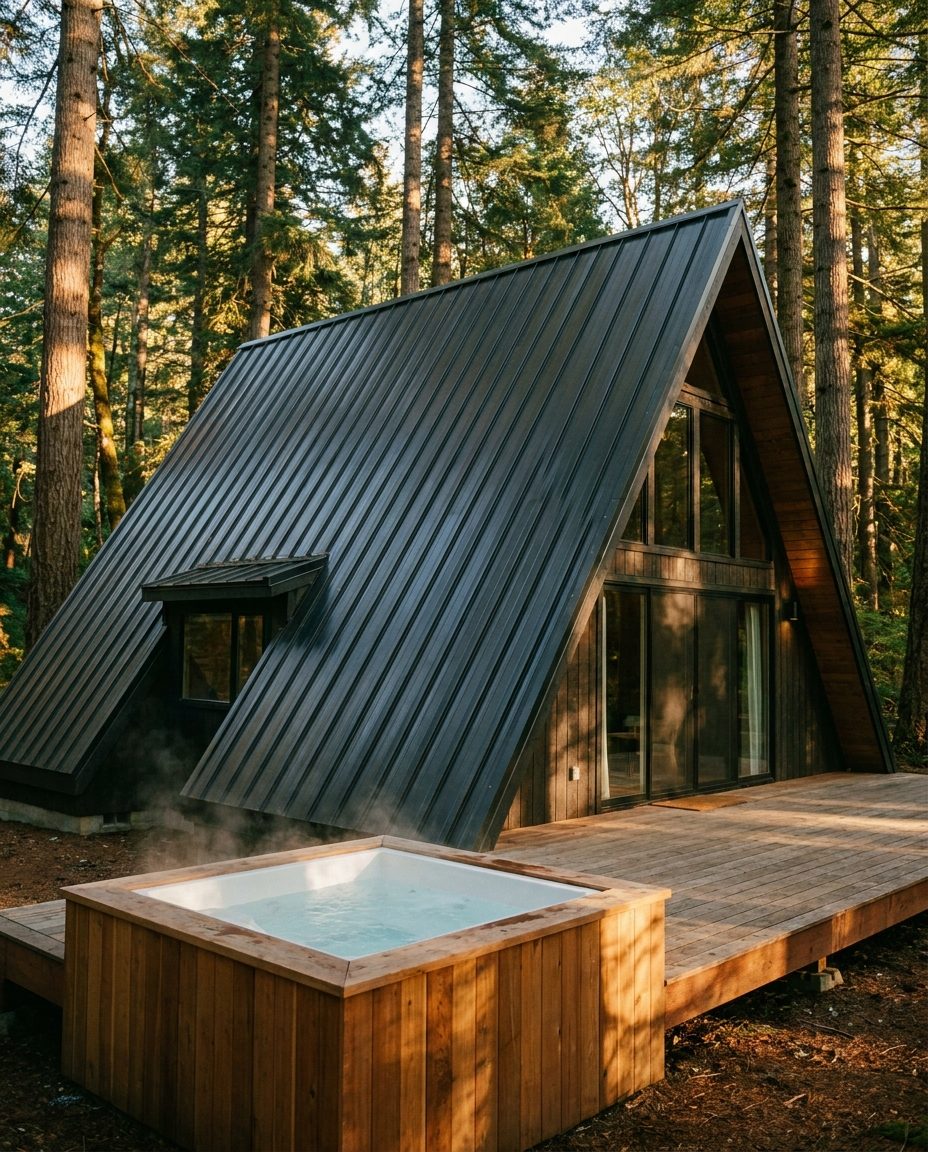 A-frame rental cabin with a steep metal roof and a hot tub deck in the woods