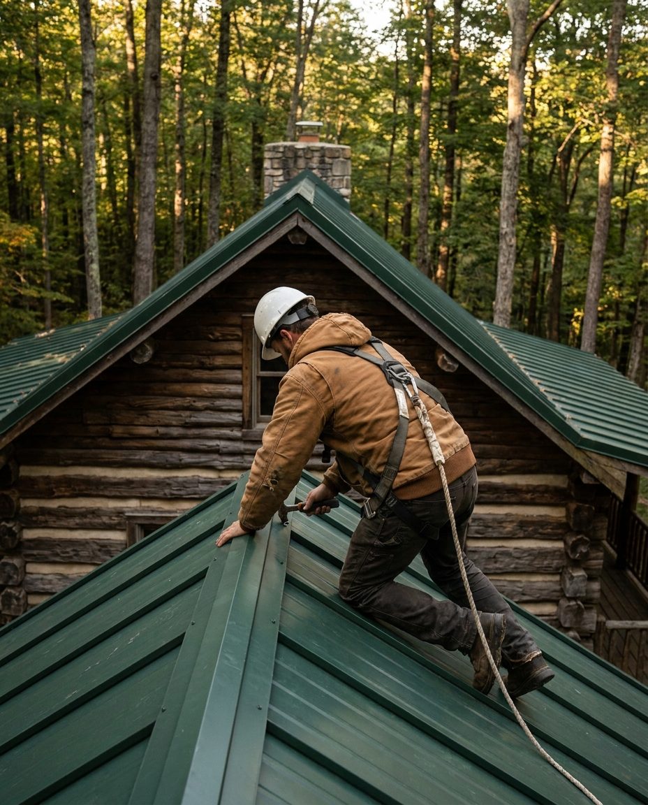 Roofer installing green standing seam metal on a log cabin