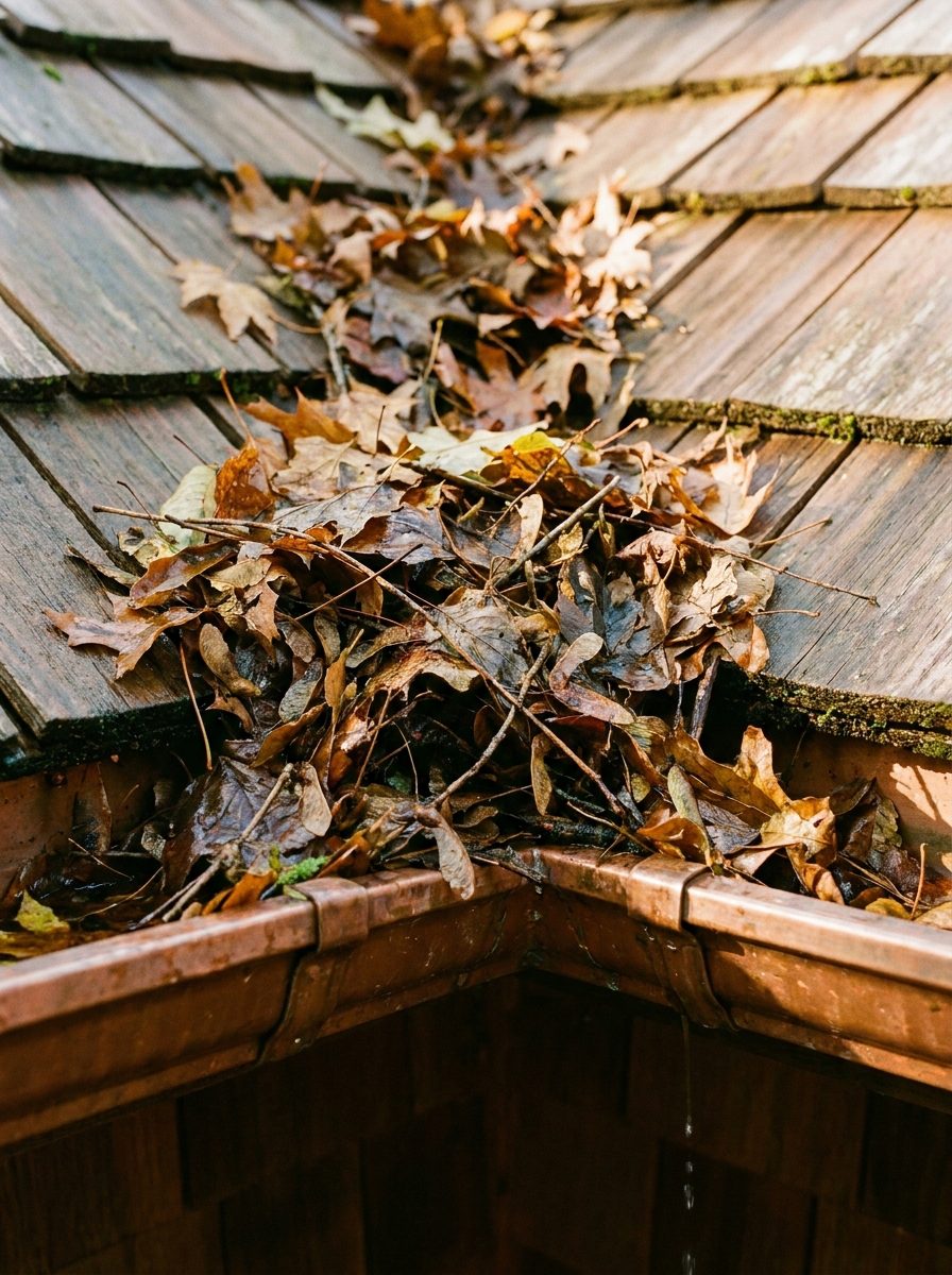 Gutter packed with leaves and twigs below a roof valley