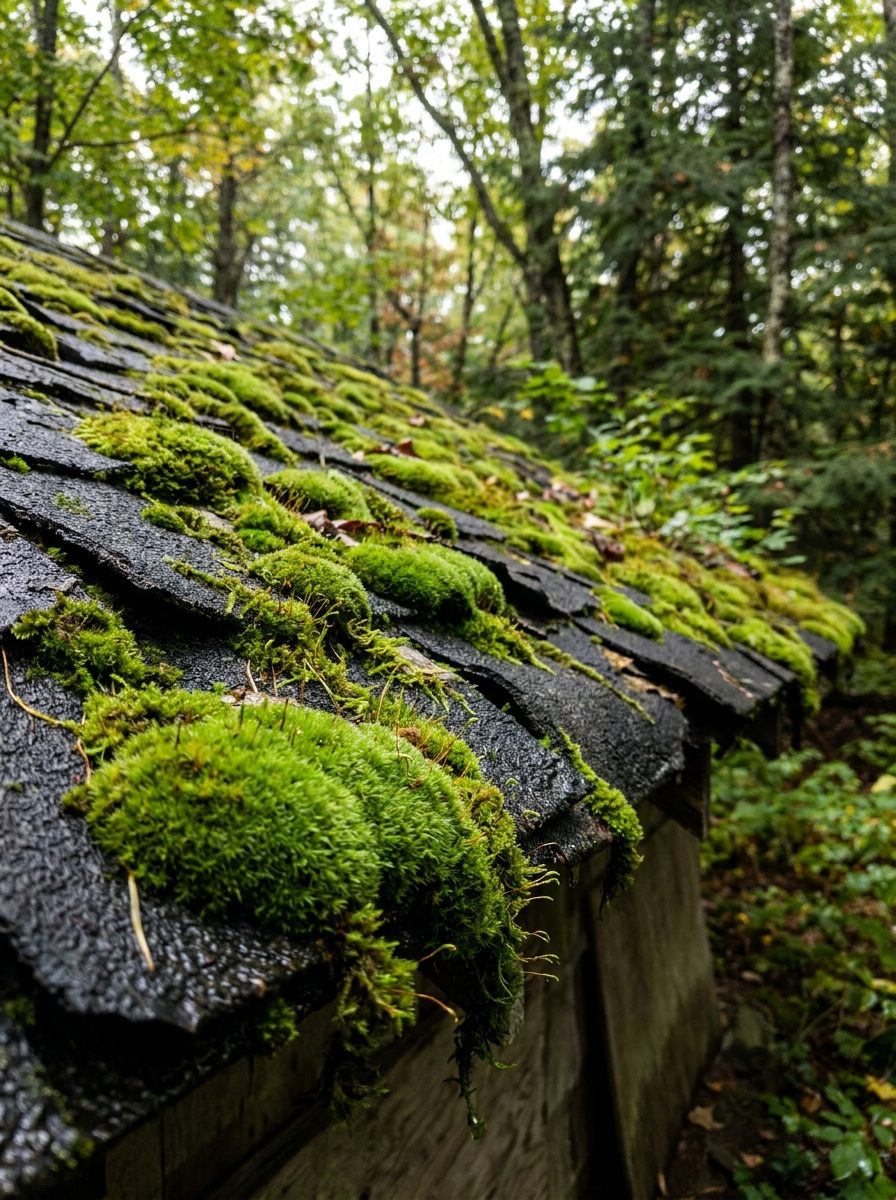 Thick moss lifting shingle edges on a shaded roof