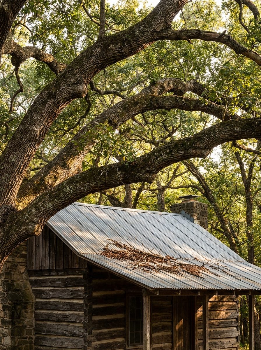 Large oak limbs arching over the metal roof of a log cabin