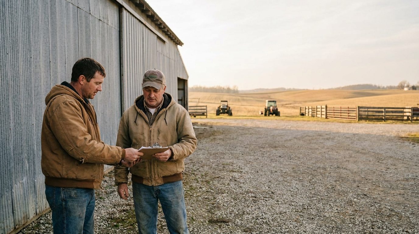 Roofer handing a written estimate to a farmer beside a pole barn