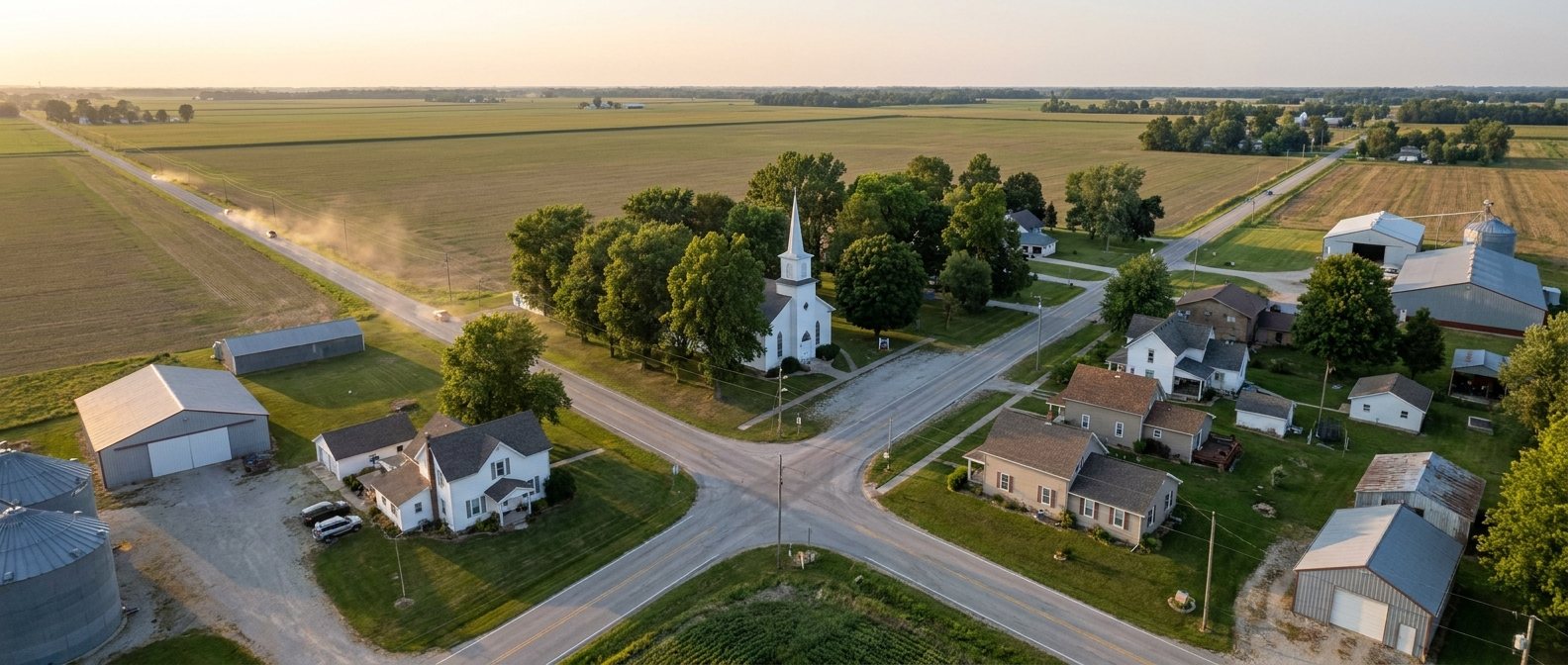 Small rural Ohio village surrounded by farm fields, pole barns and grain bins