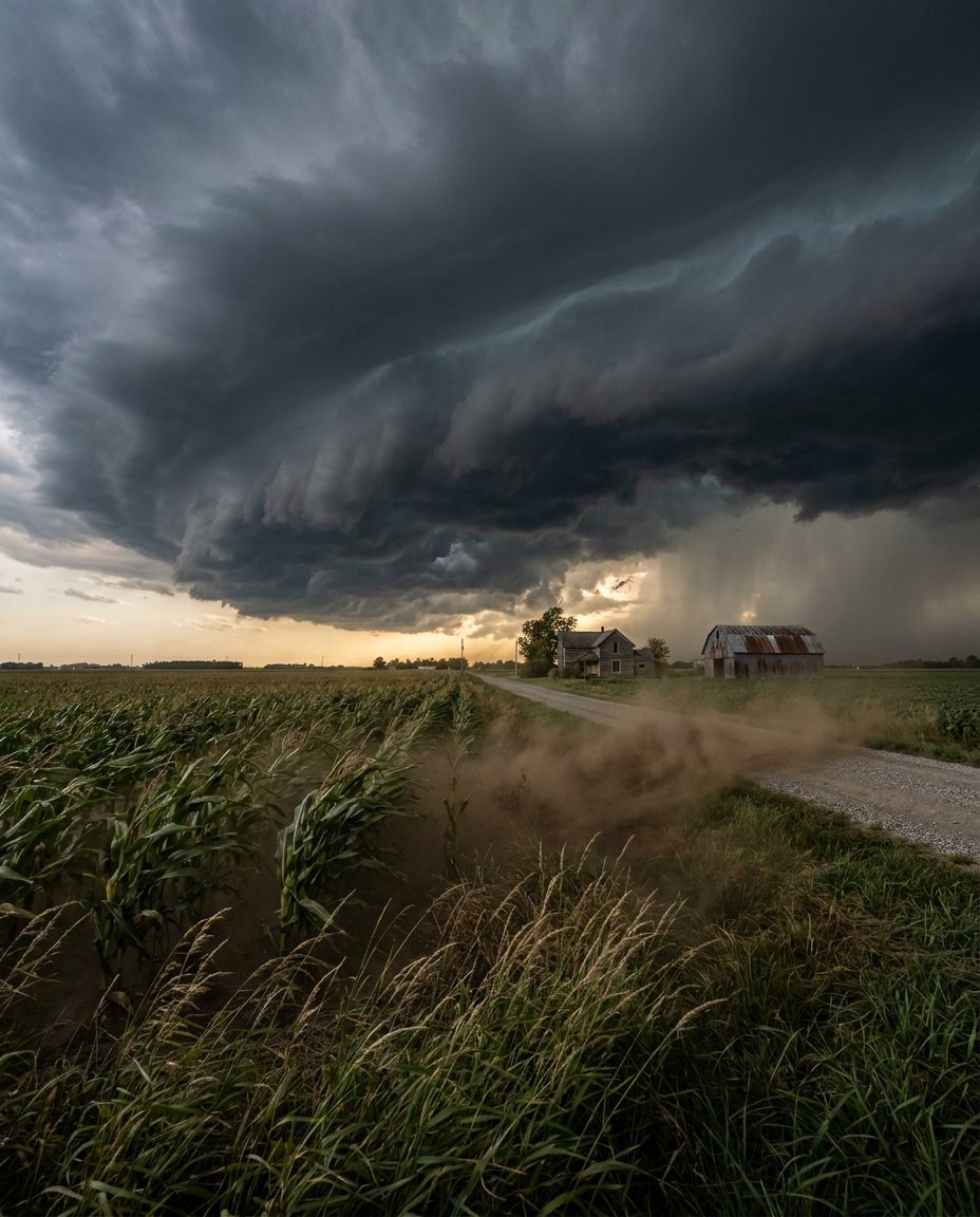 Straight-line wind storm sweeping across open farmland toward a farmhouse and barn