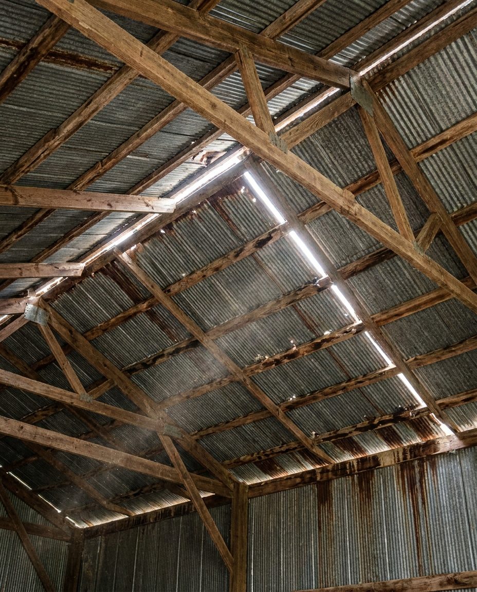 Daylight showing through panel seams inside an old pole barn