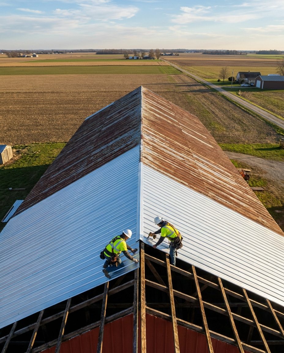 Roofers re-paneling a barn roof over the existing purlins