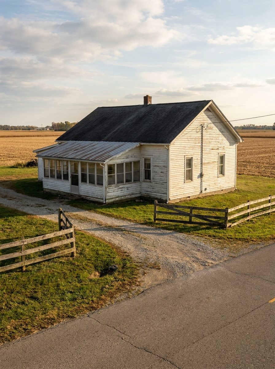 Older single-story home with an enclosed porch addition on a county road