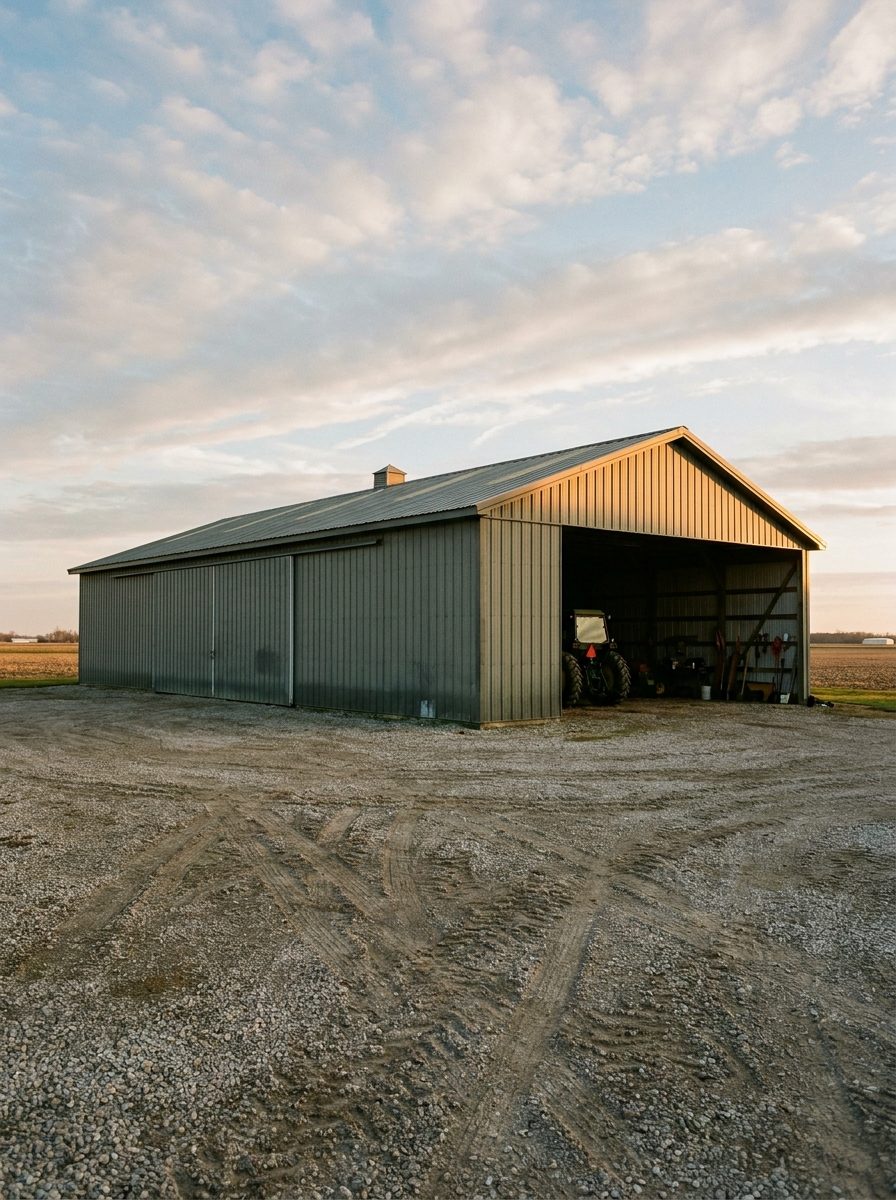 Metal machine shed and pole barn with a long ribbed metal roof