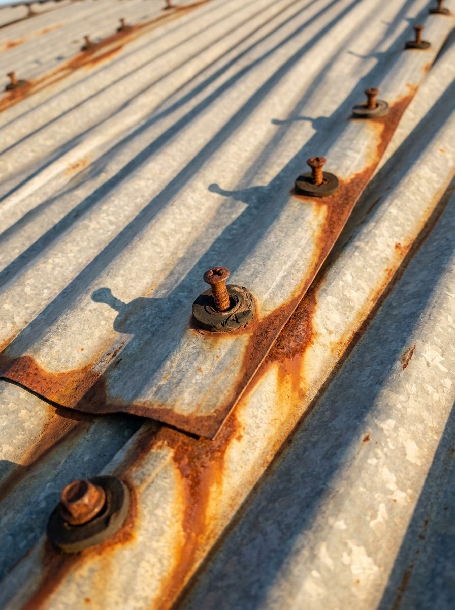 Backed-out fasteners and rust at the panel ends of an old metal barn roof