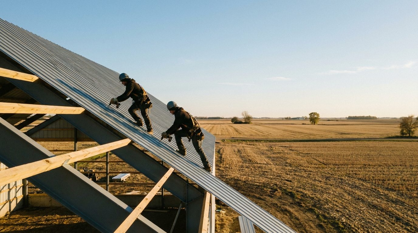 Roofers fastening new metal panels over the purlins of a farm machine shed