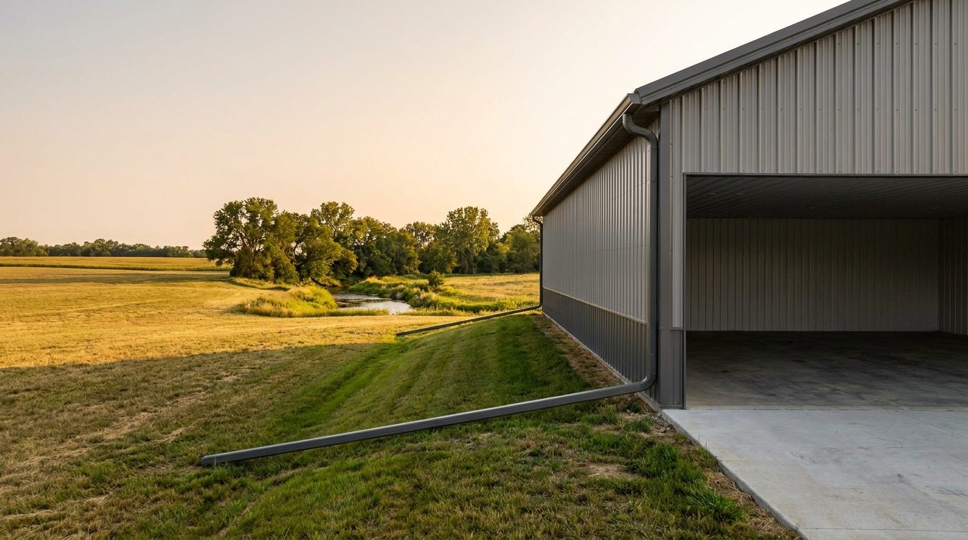 Seamless gutter and extended downspout on a metal pole barn beside open fields