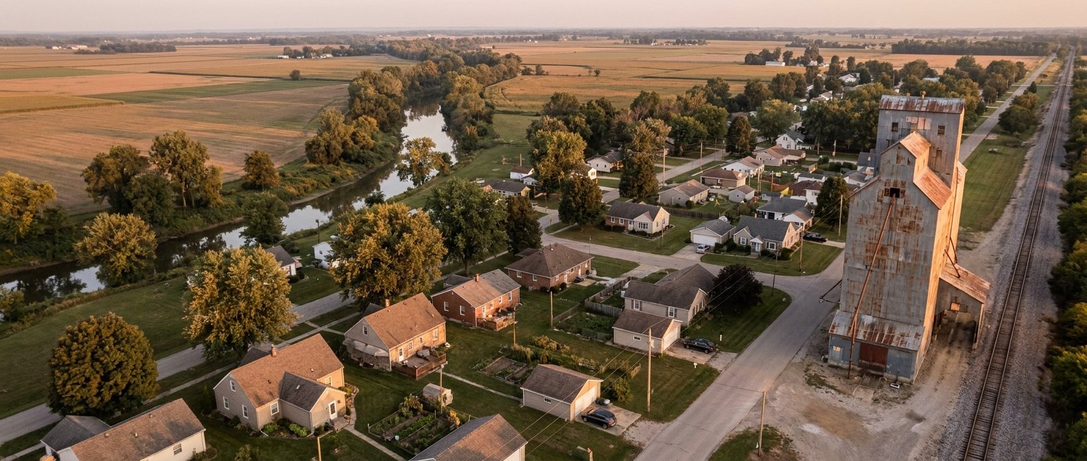 Grain elevator, rail line and village homes surrounded by flat Central Ohio farmland