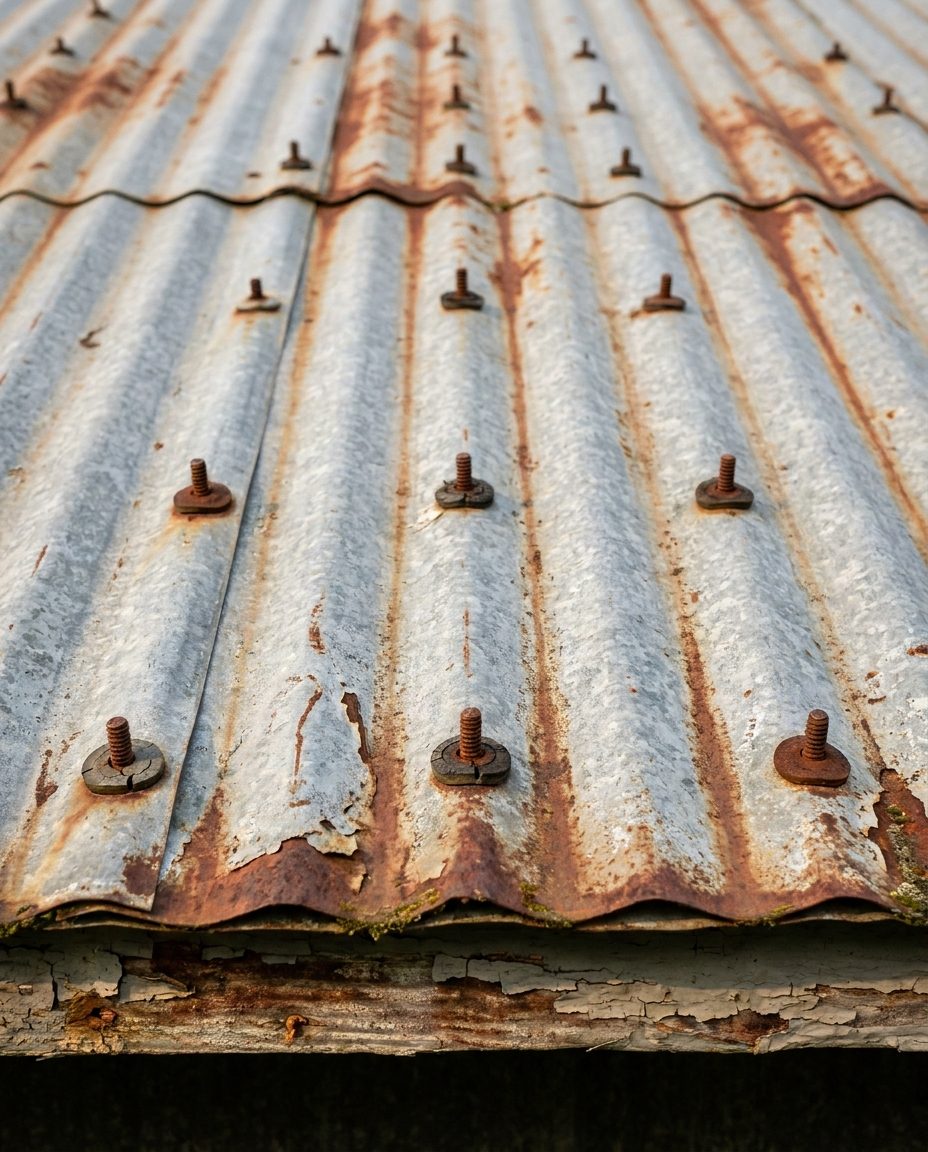 Weathered screw fasteners and rust at the low end of an old metal machine shed roof