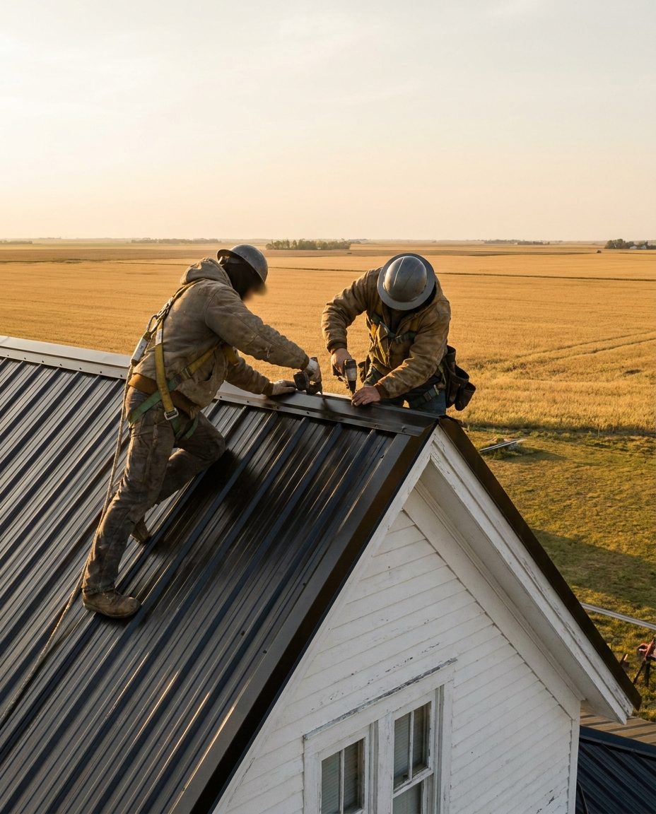 Roofers in safety harnesses installing a standing seam metal roof on a farmhouse