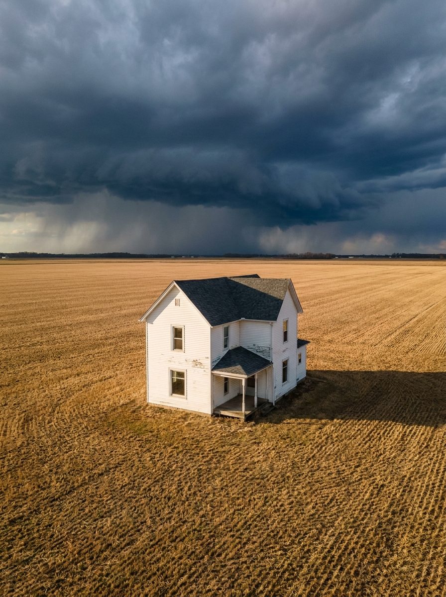 Lone farmhouse on open flat farmland with a storm approaching