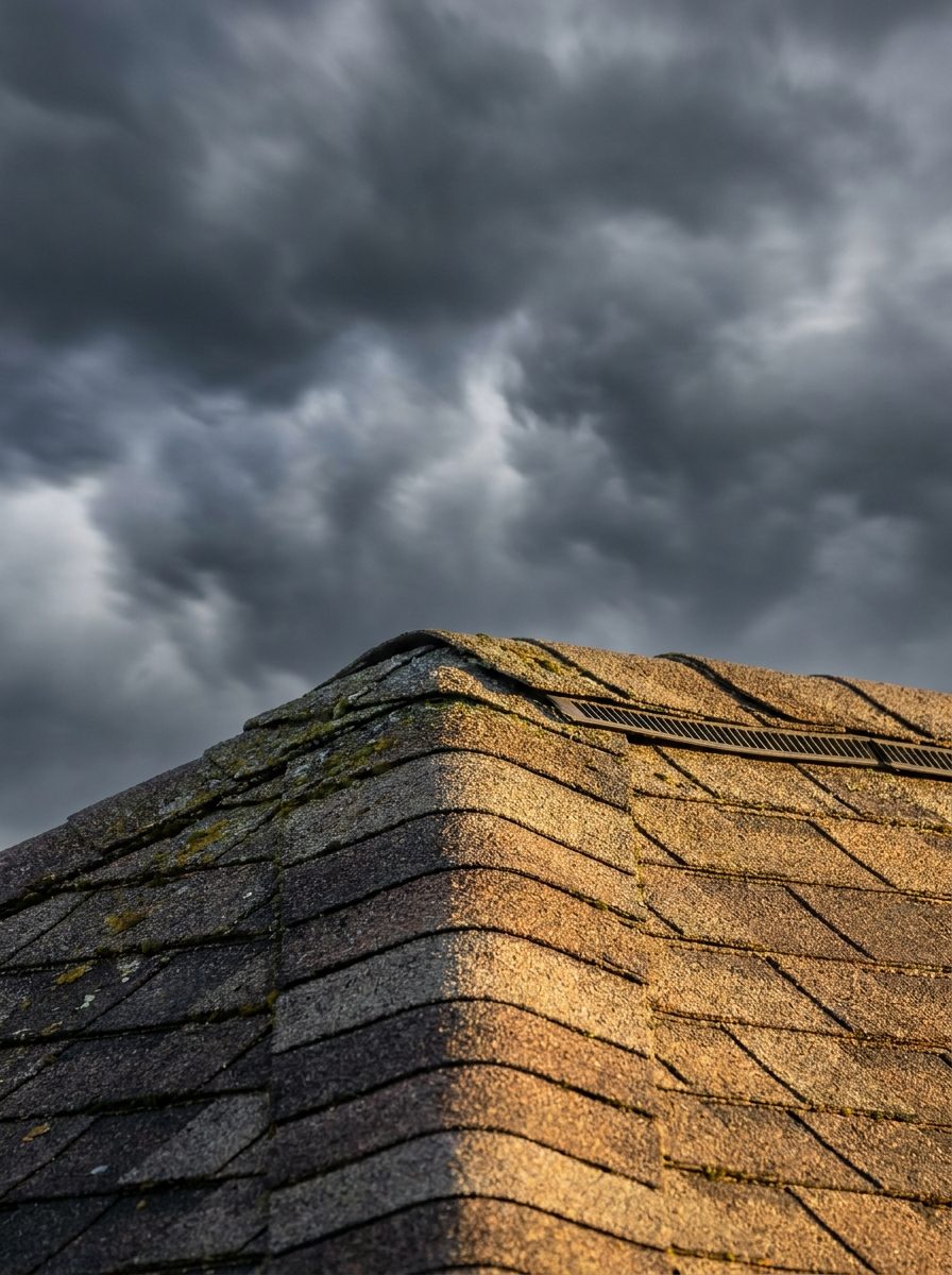 Ridge cap along the peak of a shingle roof under a windy storm sky