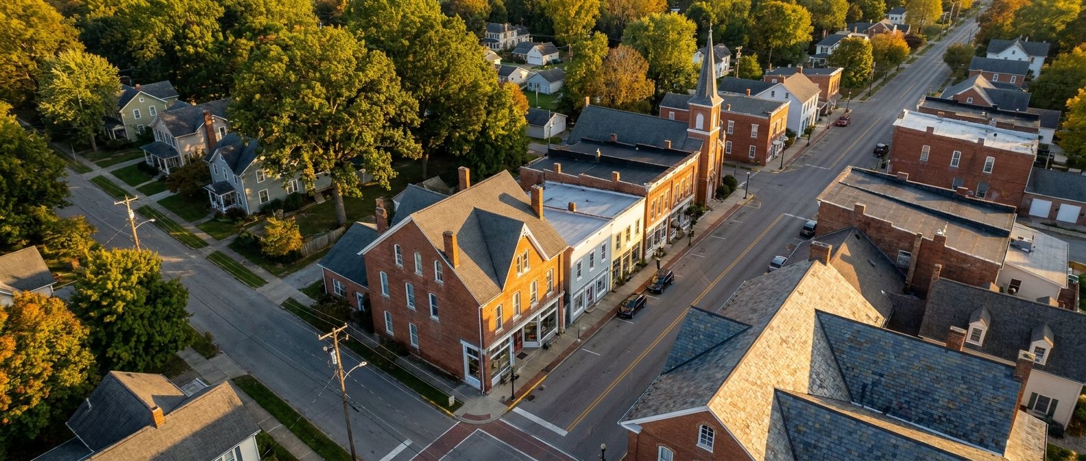 Historic brick and frame buildings along the main street of a small Southwest Ohio village