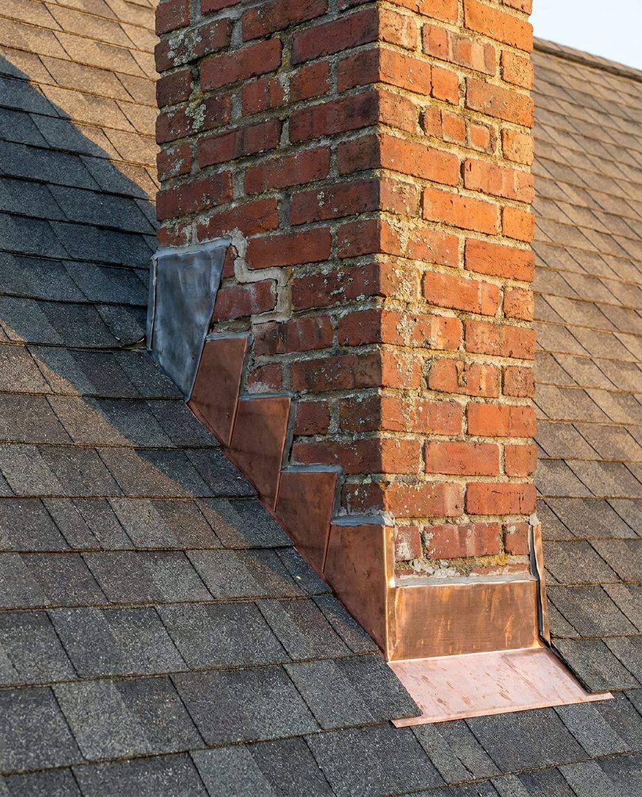 Brick chimney with counter-flashing set into the mortar joints of a steep shingle roof