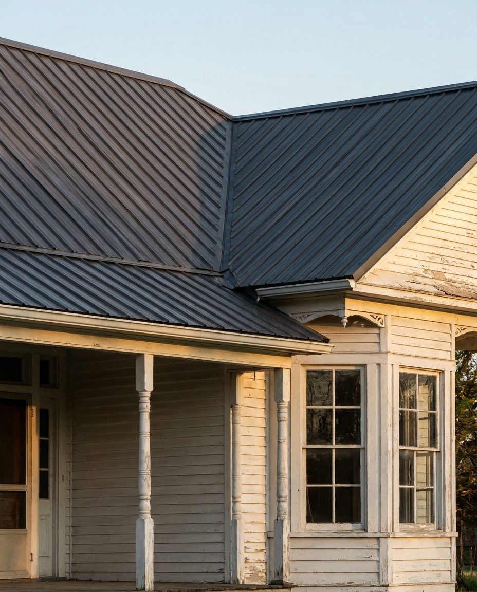 Standing seam metal porch roof on a 19th century frame house