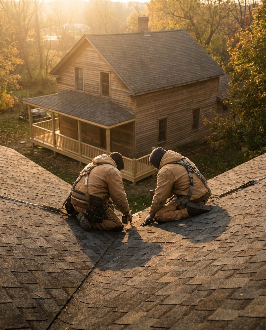 Roofers in safety harnesses installing shingles on a steep historic home