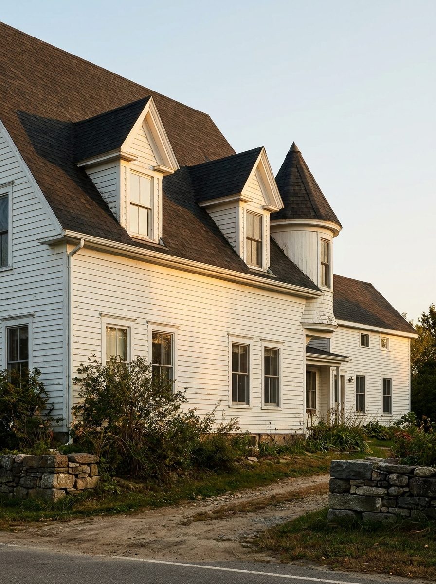 Steep 1800s frame house with dormers, a turret and a rear addition