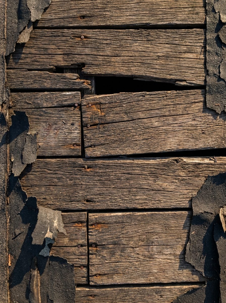 Original plank roof decking with gaps between the boards exposed during a tear-off