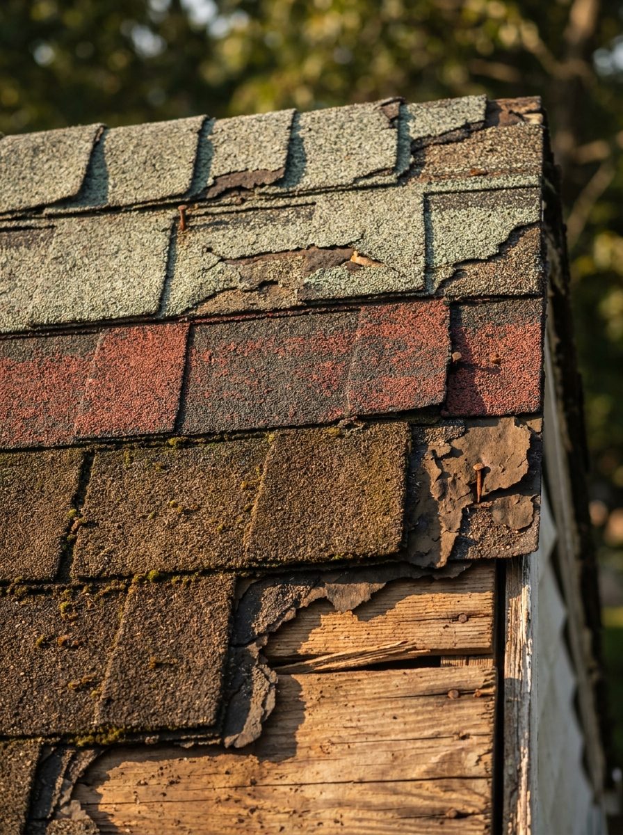 Three layers of old asphalt shingles stacked at the edge of a historic roof