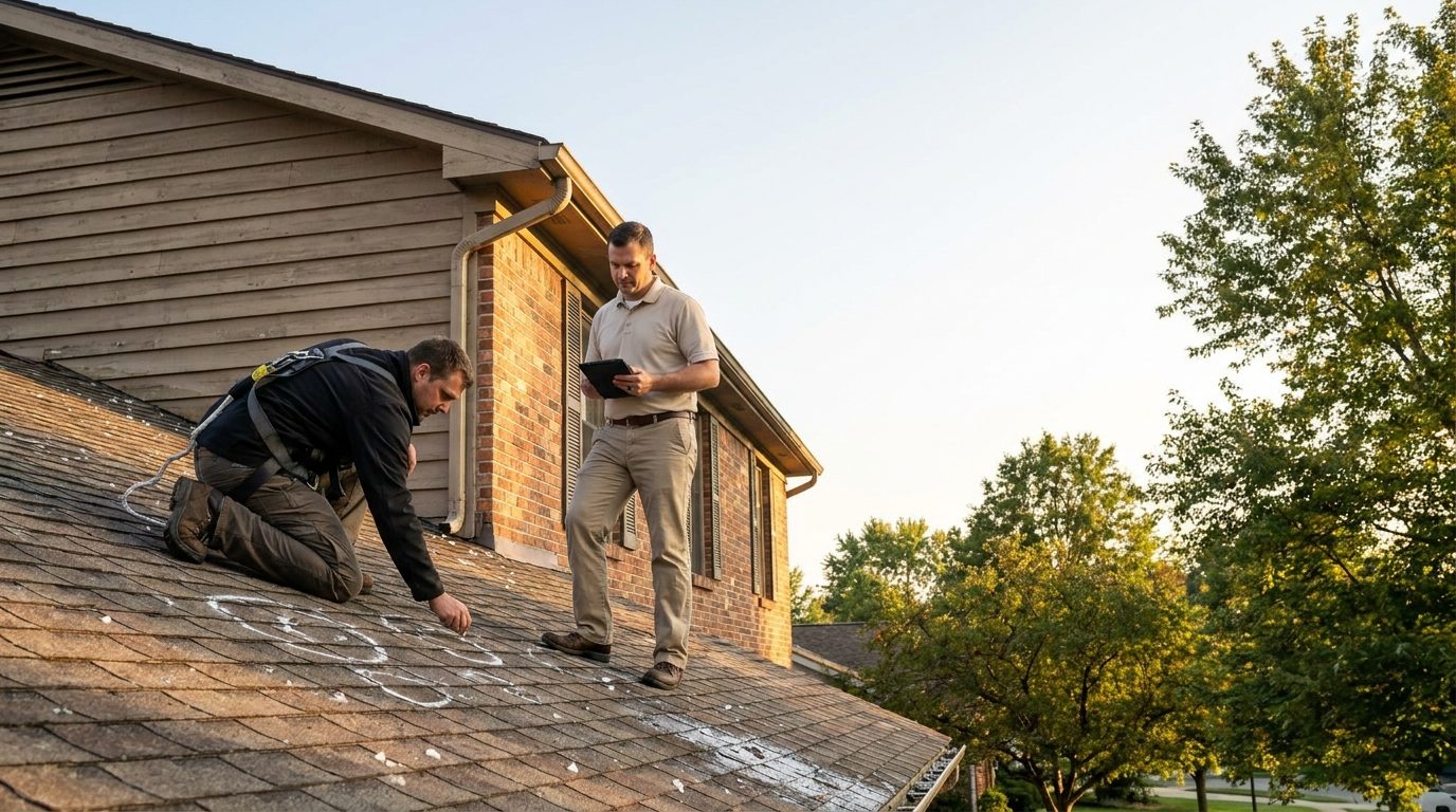 Roofer marking hail damage while an insurance adjuster documents the roof