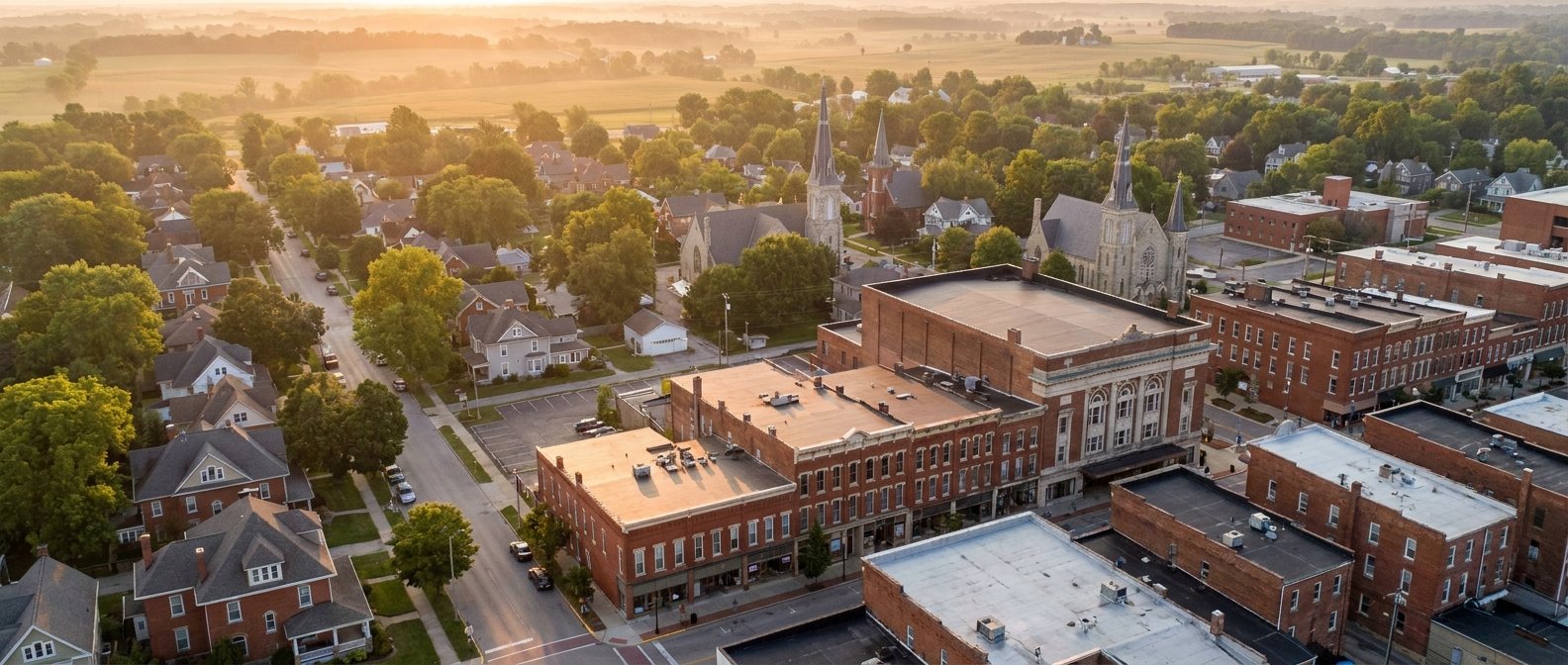 Historic brick downtown and tree-lined streets of century homes in a Southern Ohio county seat
